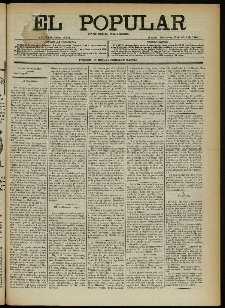 Miniatura de El Popular: diario independiente, político, literario y de noticias de interés general del 23 de abril de 1890, nº 9746
