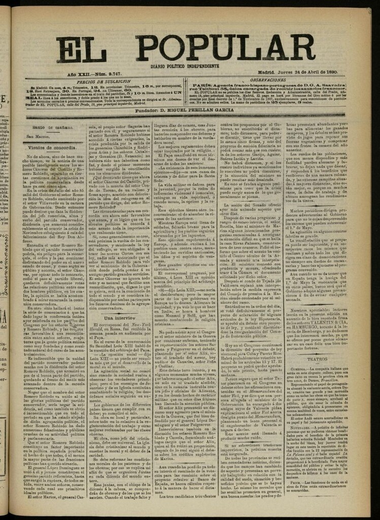 Miniatura de El Popular: diario independiente, político, literario y de noticias de interés general del 24 de abril de 1890, nº 9747