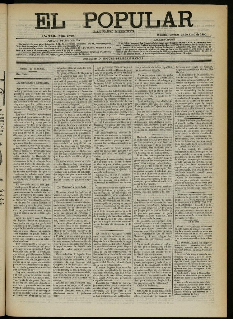 Miniatura de El Popular: diario independiente, político, literario y de noticias de interés general del 25 de abril de 1890, nº 9748