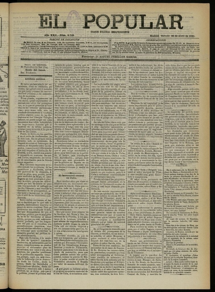 Miniatura de El Popular: diario independiente, político, literario y de noticias de interés general del 26 de abril de 1890, nº 9749