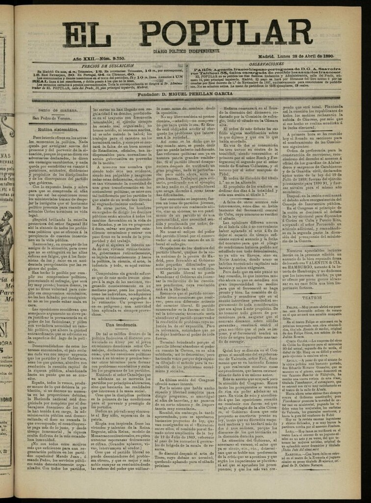 Miniatura de El Popular: diario independiente, político, literario y de noticias de interés general del 28 de abril de 1890, nº 9750