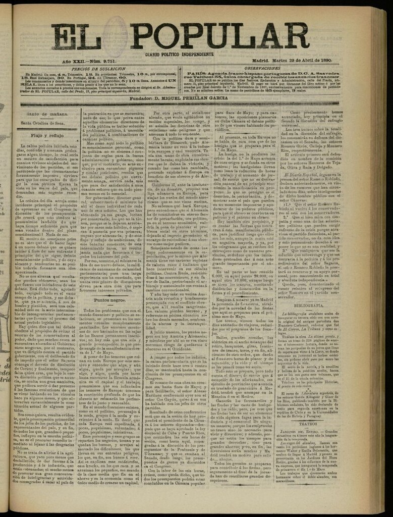 Miniatura de El Popular: diario independiente, político, literario y de noticias de interés general del 29 de abril de 1890, nº 9751