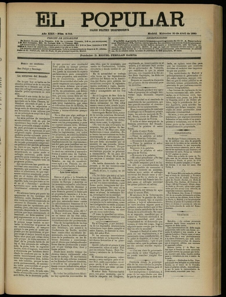 Miniatura de El Popular: diario independiente, político, literario y de noticias de interés general del 30 de abril de 1890, nº 9752