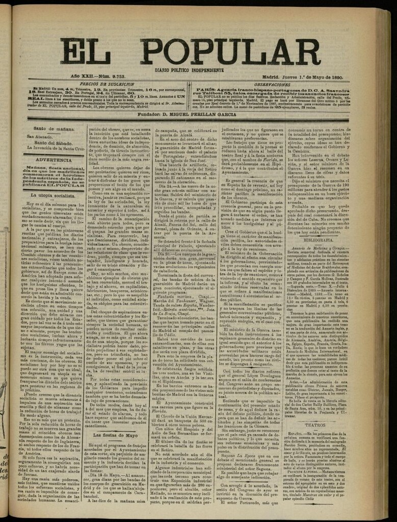 Miniatura de El Popular: diario independiente, político, literario y de noticias de interés general del 1 de mayo de 1890, nº 9753