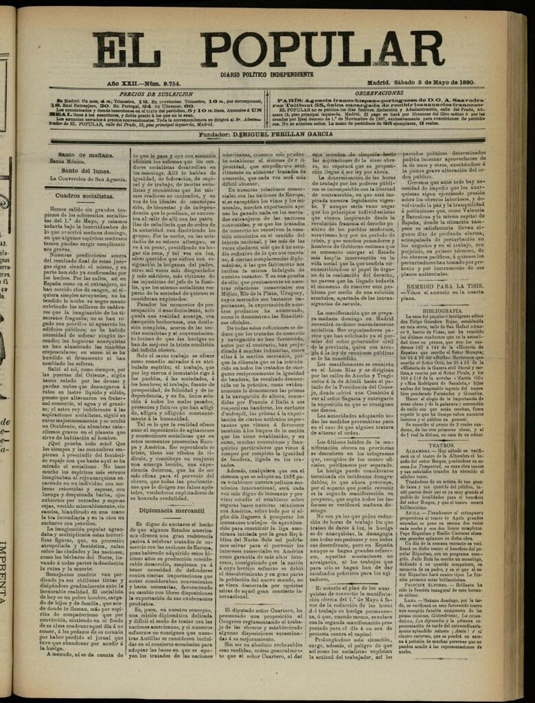 Miniatura de El Popular: diario independiente, político, literario y de noticias de interés general del 3 de mayo de 1890, nº 9754