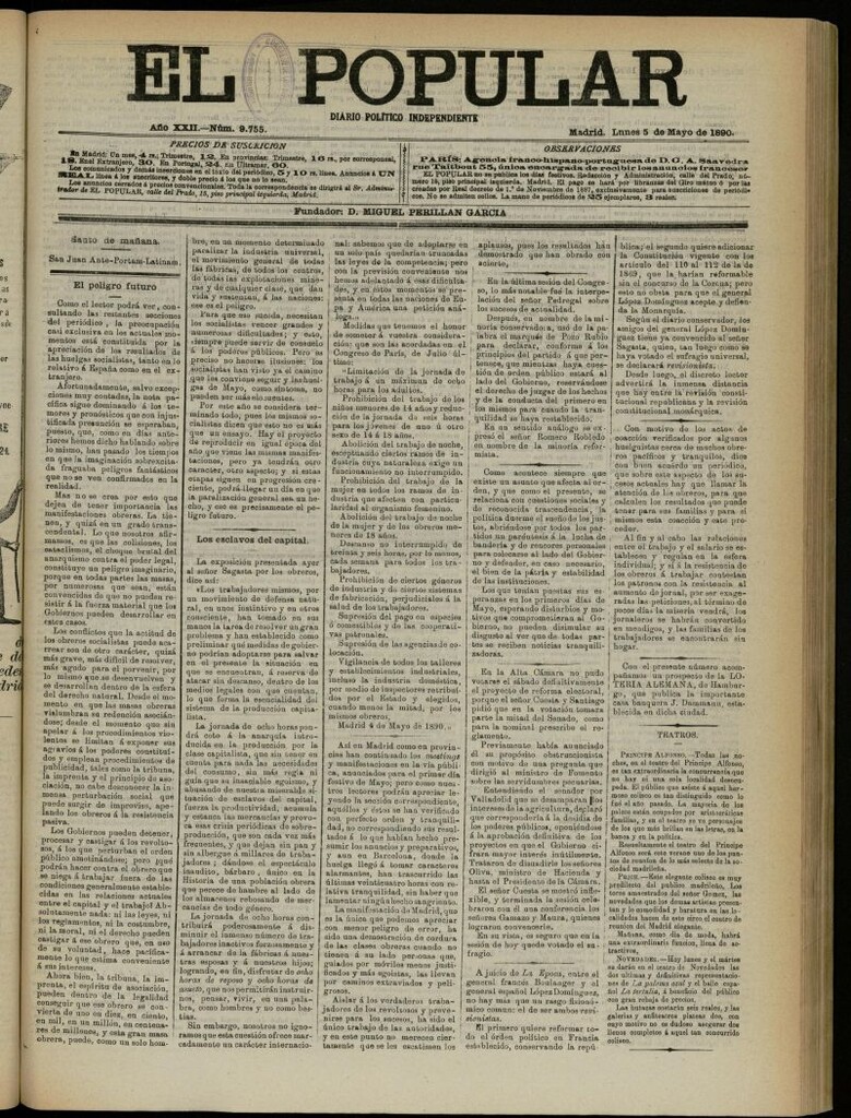 Miniatura de El Popular: diario independiente, político, literario y de noticias de interés general del 5 de mayo de 1890, nº 9755