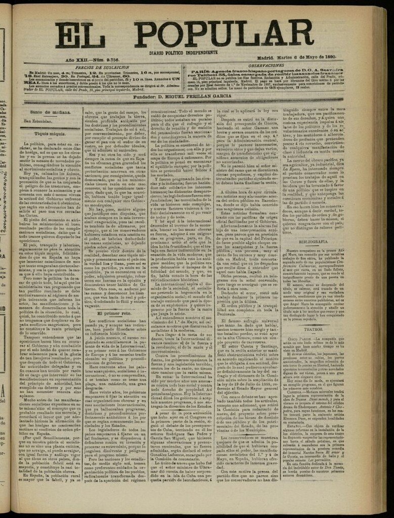 Miniatura de El Popular: diario independiente, político, literario y de noticias de interés general del 6 de mayo de 1890, nº 9756