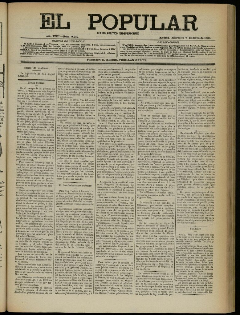 Miniatura de El Popular: diario independiente, político, literario y de noticias de interés general del 7 de mayo de 1890, nº 9757
