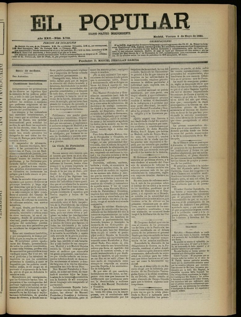 Miniatura de El Popular: diario independiente, político, literario y de noticias de interés general del 9 de mayo de 1890, nº 9759