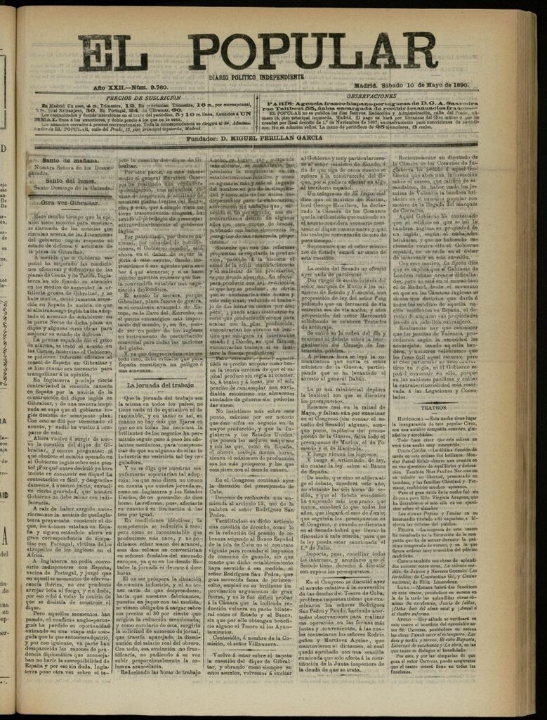 Miniatura de El Popular: diario independiente, político, literario y de noticias de interés general del 10 de mayo de 1890, nº 9760