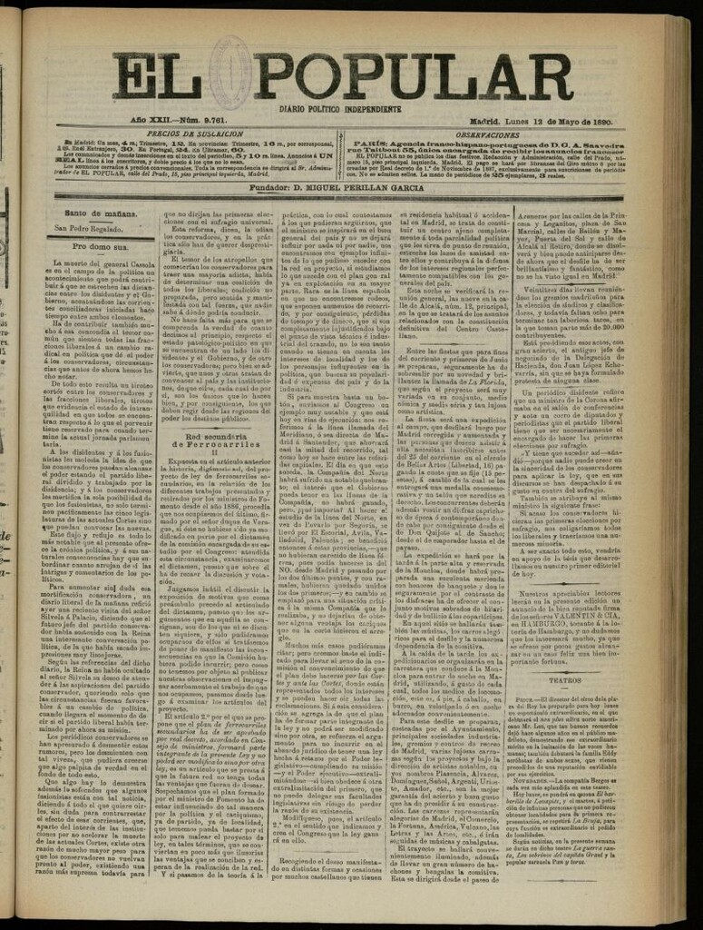 Miniatura de El Popular: diario independiente, político, literario y de noticias de interés general del 12 de mayo de 1890, nº 9761
