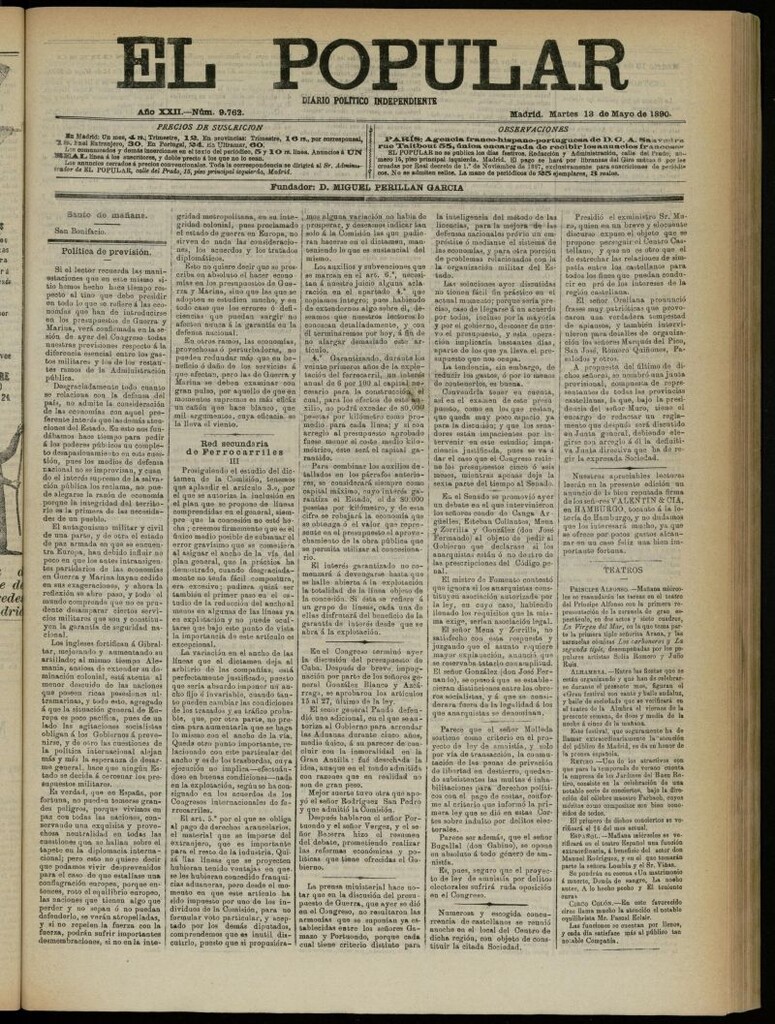 Miniatura de El Popular: diario independiente, político, literario y de noticias de interés general del 13 de mayo de 1890, nº 9762