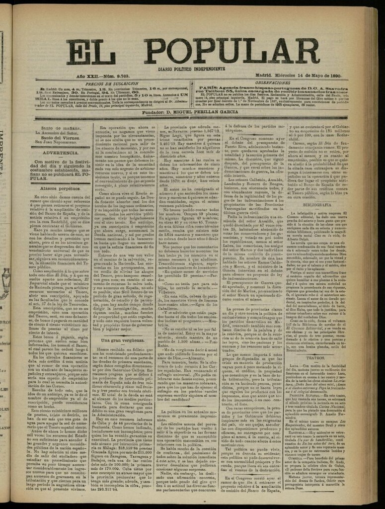 Miniatura de El Popular: diario independiente, político, literario y de noticias de interés general del 14 de mayo de 1890, nº 9763