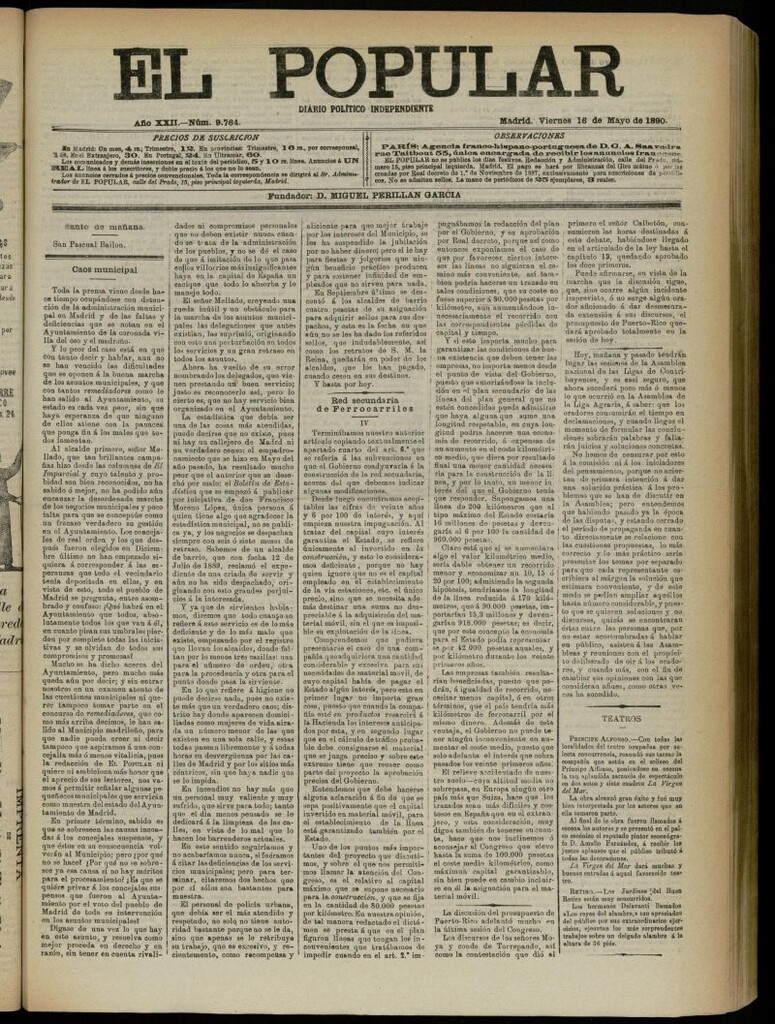 Miniatura de El Popular: diario independiente, político, literario y de noticias de interés general del 16 de mayo de 1890, nº 9764
