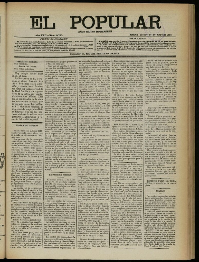 Miniatura de El Popular: diario independiente, político, literario y de noticias de interés general del 17 de mayo de 1890, nº 9765