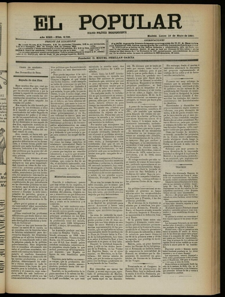 Miniatura de El Popular: diario independiente, político, literario y de noticias de interés general del 19 de mayo de 1890, nº 9766
