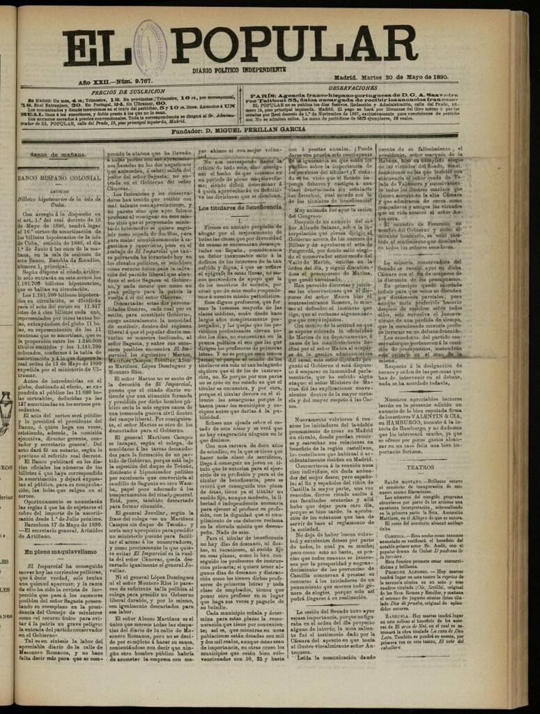 Miniatura de El Popular: diario independiente, político, literario y de noticias de interés general del 20 de mayo de 1890, nº 9767
