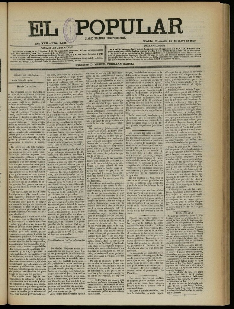 Miniatura de El Popular: diario independiente, político, literario y de noticias de interés general del 21 de mayo de 1890, nº 9768