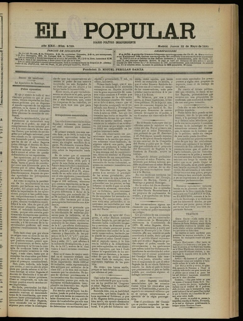 Miniatura de El Popular: diario independiente, político, literario y de noticias de interés general del 22 de mayo de 1890, nº 9769
