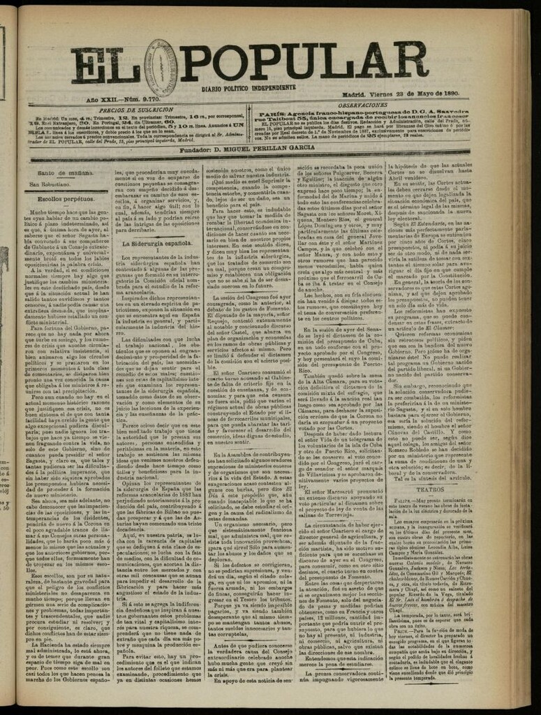 Miniatura de El Popular: diario independiente, político, literario y de noticias de interés general del 23 de mayo de 1890, nº 9770