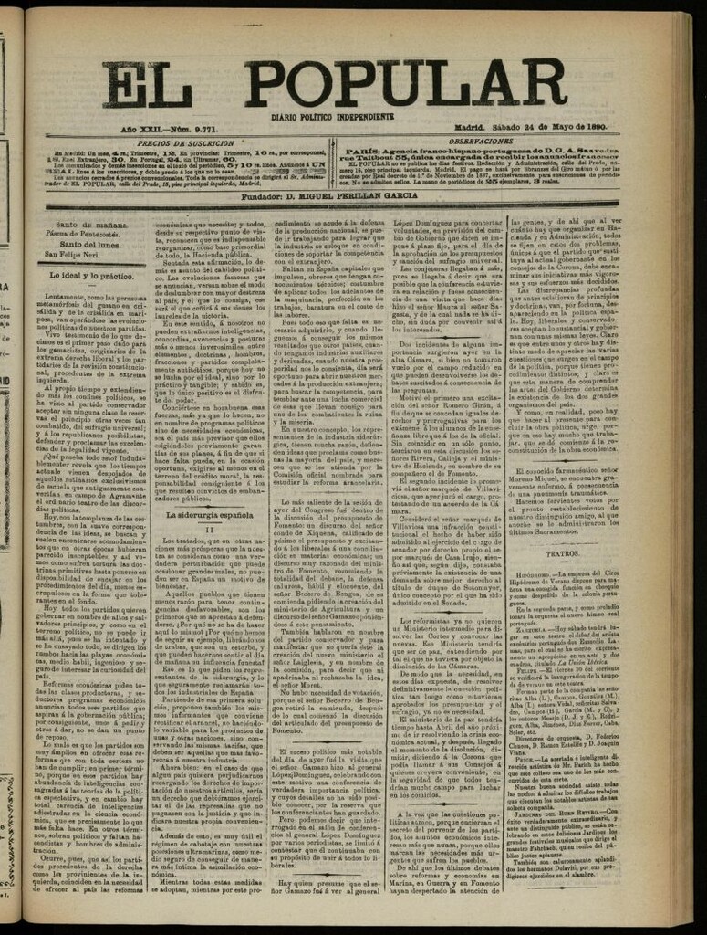 Miniatura de El Popular: diario independiente, político, literario y de noticias de interés general del 24 de mayo de 1890, nº 9771