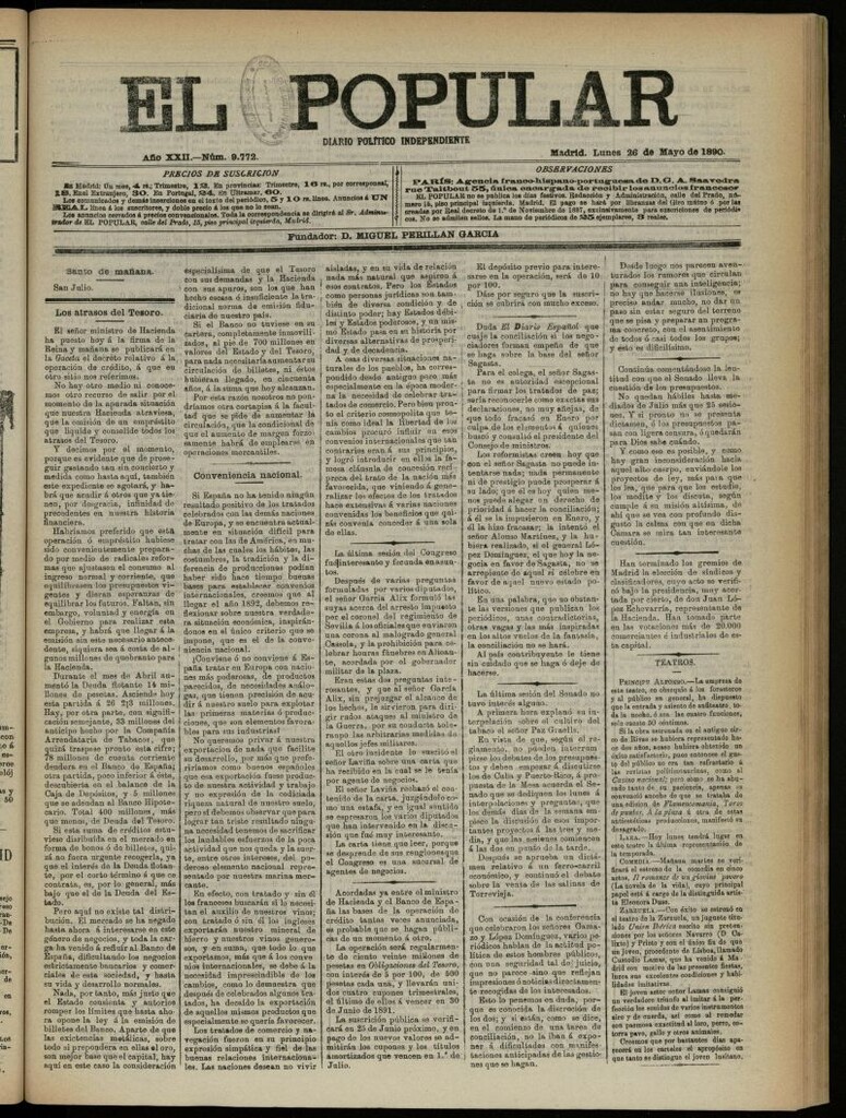Miniatura de El Popular: diario independiente, político, literario y de noticias de interés general del 26 de mayo de 1890, nº 9772