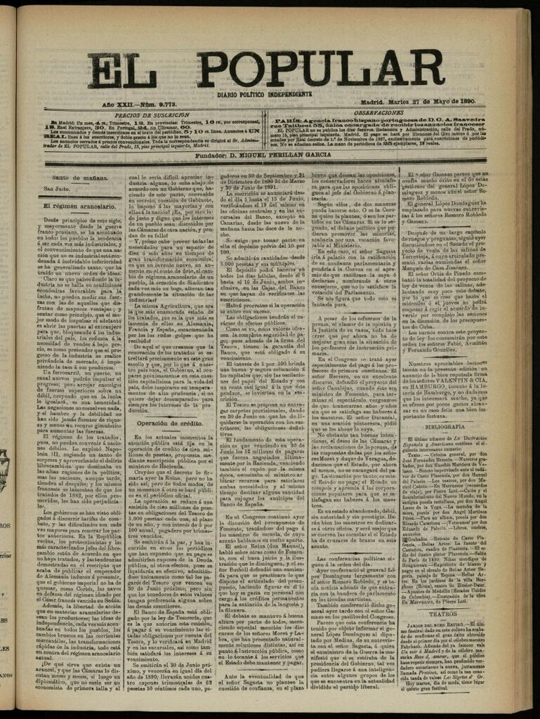 Miniatura de El Popular: diario independiente, político, literario y de noticias de interés general del 27 de mayo de 1890, nº 9773