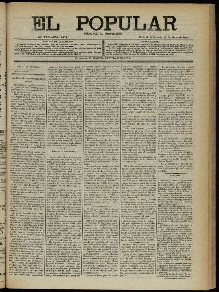 Miniatura de El Popular: diario independiente, político, literario y de noticias de interés general del 28 de mayo de 1890, nº 9774