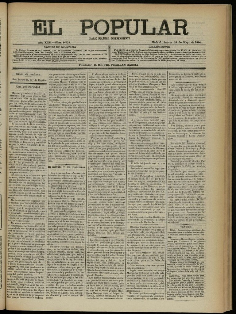 Miniatura de El Popular: diario independiente, político, literario y de noticias de interés general del 29 de mayo de 1890, nº 9775