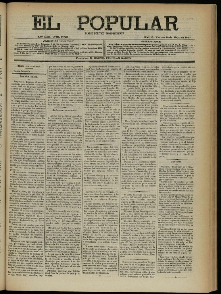 Miniatura de El Popular: diario independiente, político, literario y de noticias de interés general del 30 de mayo de 1890, nº 9776