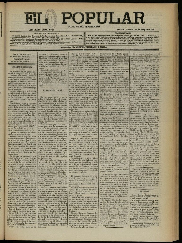 Miniatura de El Popular: diario independiente, político, literario y de noticias de interés general del 31 de mayo de 1890, nº 9777