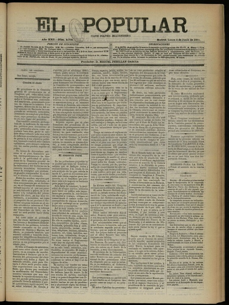 Miniatura de El Popular: diario independiente, político, literario y de noticias de interés general del 2 de junio de 1890, nº 9778