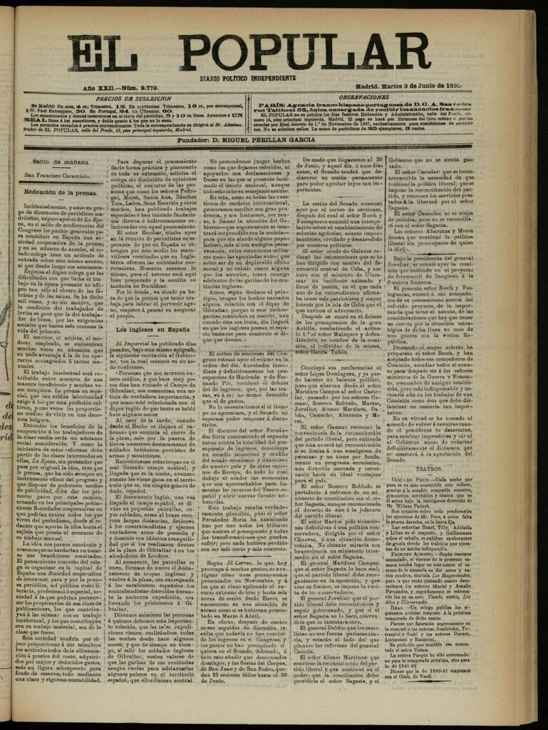 Miniatura de El Popular: diario independiente, político, literario y de noticias de interés general del 3 de junio de 1890, nº 9779