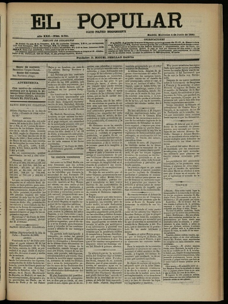 Miniatura de El Popular: diario independiente, político, literario y de noticias de interés general del 4 de junio de 1890, nº 9780