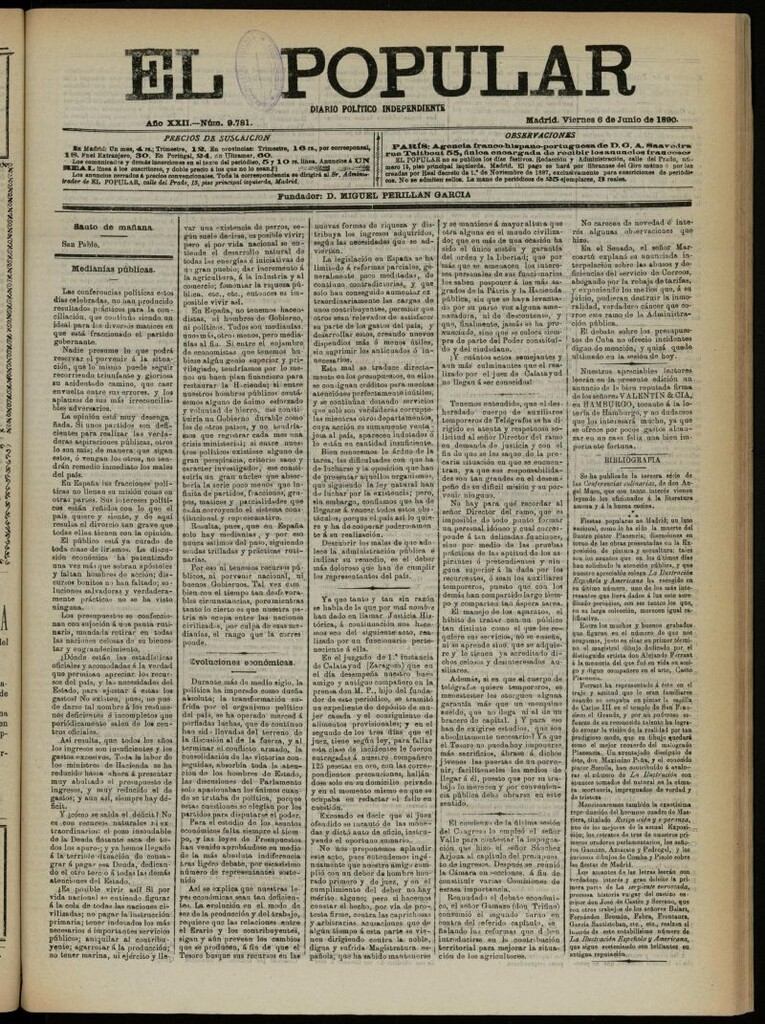 Miniatura de El Popular: diario independiente, político, literario y de noticias de interés general del 6 de junio de 1890, nº 9781