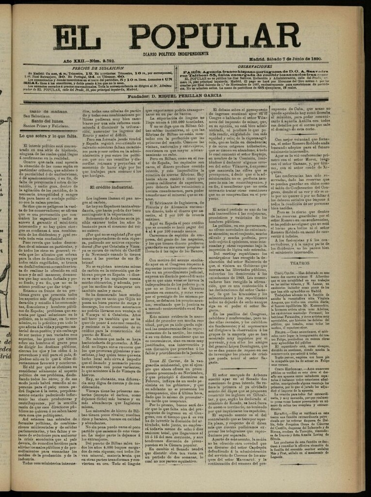 Miniatura de El Popular: diario independiente, político, literario y de noticias de interés general del 7 de junio de 1890, nº 9782