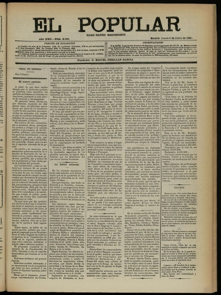 Miniatura de El Popular: diario independiente, político, literario y de noticias de interés general del 9 de junio de 1890, nº 9783
