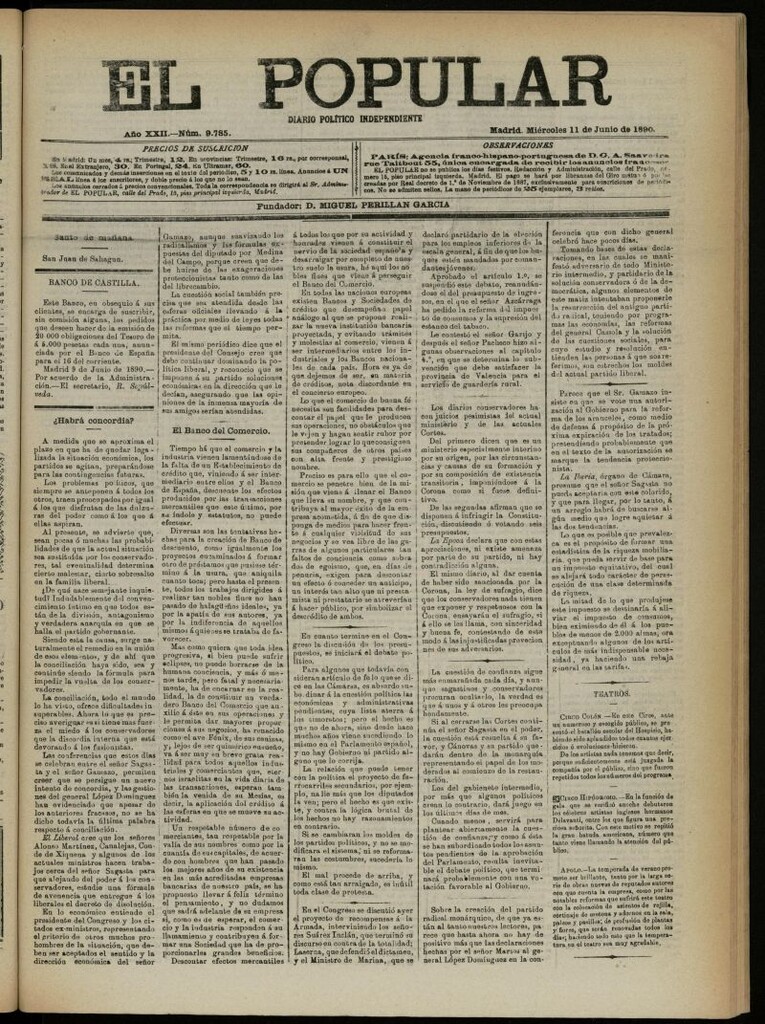 Miniatura de El Popular: diario independiente, político, literario y de noticias de interés general del 11 de junio de 1890, nº 9785