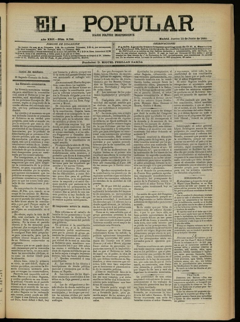 Miniatura de El Popular: diario independiente, político, literario y de noticias de interés general del 12 de junio de 1890, nº 9786