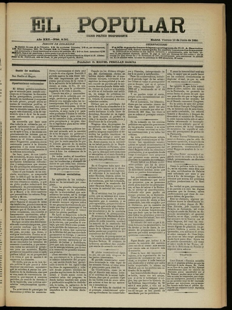 Miniatura de El Popular: diario independiente, político, literario y de noticias de interés general del 13 de junio de 1890, nº 9787