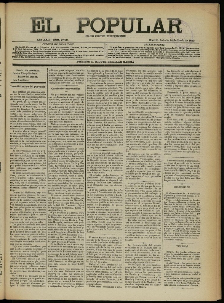 Miniatura de El Popular: diario independiente, político, literario y de noticias de interés general del 14 de junio de 1890, nº 9788
