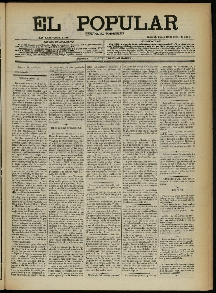 Miniatura de El Popular: diario independiente, político, literario y de noticias de interés general del 16 de junio de 1890, nº 9789