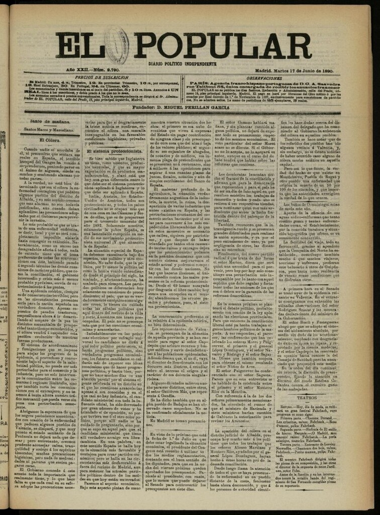 Miniatura de El Popular: diario independiente, político, literario y de noticias de interés general del 17 de junio de 1890, nº 9790
