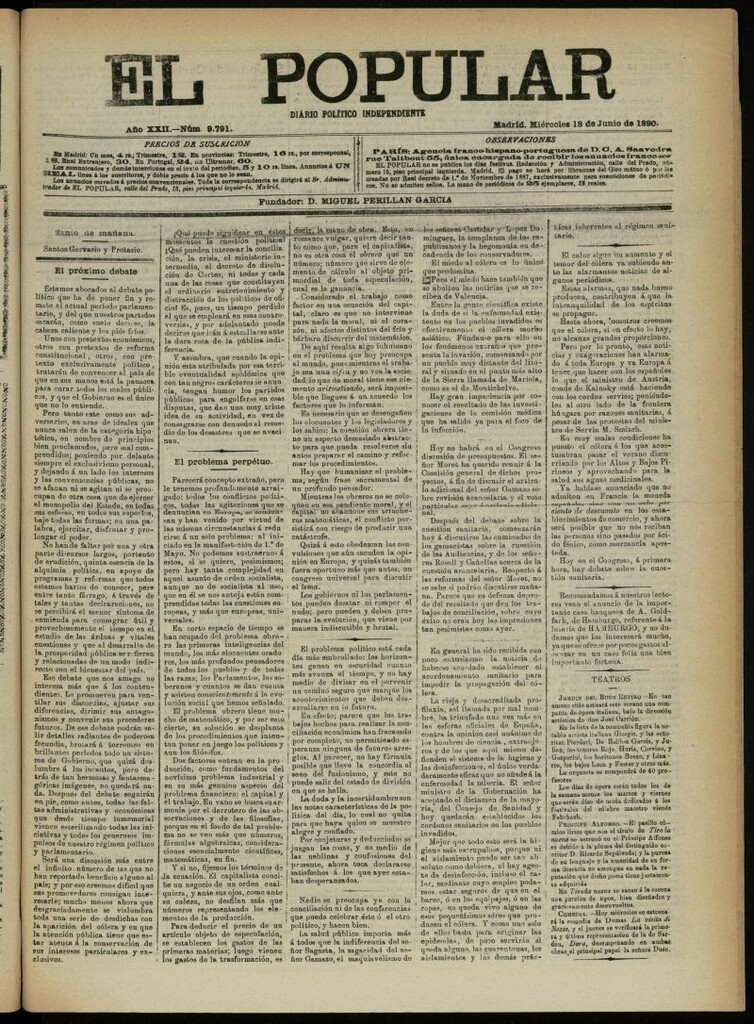 Miniatura de El Popular: diario independiente, político, literario y de noticias de interés general del 18 de junio de 1890, nº 9791