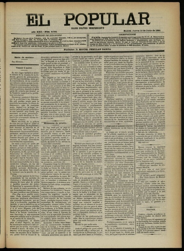 Miniatura de El Popular: diario independiente, político, literario y de noticias de interés general del 19 de junio de 1890, nº 9792