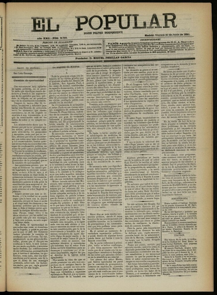 Miniatura de El Popular: diario independiente, político, literario y de noticias de interés general del 20 de junio de 1890, nº 9793