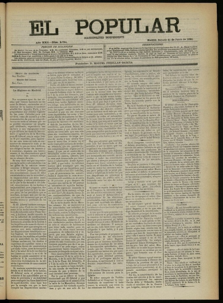 Miniatura de El Popular: diario independiente, político, literario y de noticias de interés general del 21 de junio de 1890, nº 9794