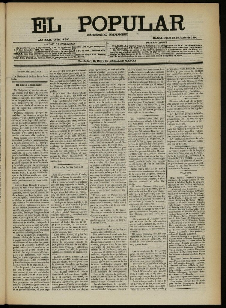 Miniatura de El Popular: diario independiente, político, literario y de noticias de interés general del 23 de junio de 1890, nº 9795