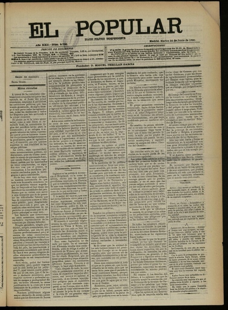 Miniatura de El Popular: diario independiente, político, literario y de noticias de interés general del 24 de junio de 1890, nº 9796
