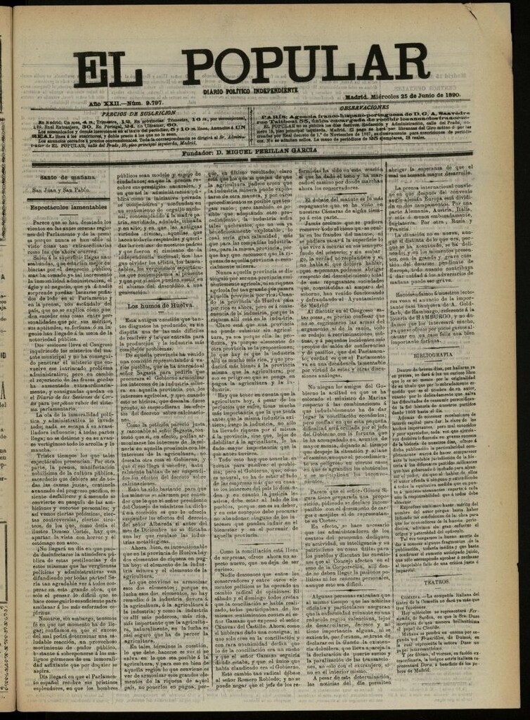 Miniatura de El Popular: diario independiente, político, literario y de noticias de interés general del 25 de junio de 1890, nº 9797